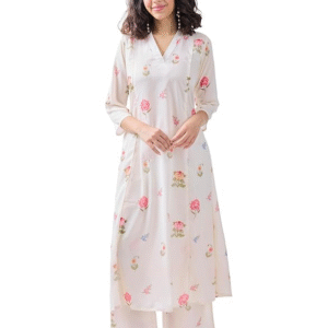 Floral Printed White Flared Kurta Set