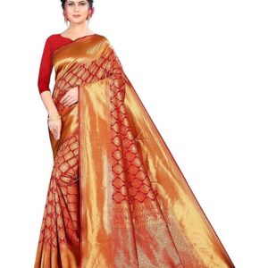 Women's Trendy Banarasi Kanjivaram Orange Color Art Silk Saree with Blouse Material