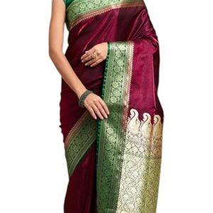 Women's Banarasi Kanjivaram Satin Silk Saree Featuring Embroidered Patterns and Zari Detailing Preimum Thread Work 6.3 Meter Saree Polka Dot Banarasi Tissue