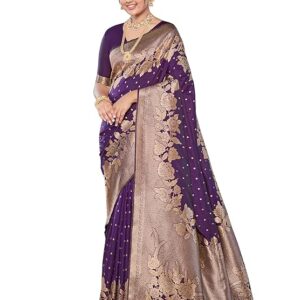 Women's Trendy Banarasi Woven Saree with Heavy Jacquard Work, Elegant Design, Silk Saree with Maching Lace Border Unstitched Blouse Piece for Weddings & Festive Occasions