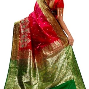 Women's Banarasi Kanjivaram Satin Silk Saree Featuring Embroidered Patterns and Zari Detailing Preimum Thread Work 6.3 Meter Saree Polka Dot Banarasi Tissue