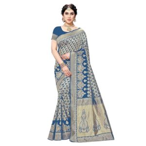 Yashika Women's Trendy Banarasi Kanjivaram Blue Color Art Silk Saree with Blouse Material