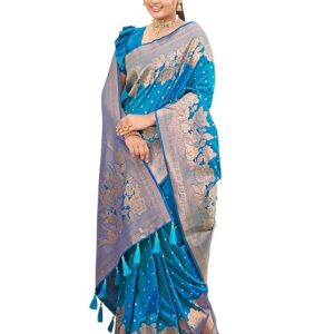 Women's Trendy Banarasi Woven Saree with Heavy Jacquard Work, Elegant Design, Silk Saree with Maching Lace Border Unstitched Blouse Piece for Weddings & Festive Occasions